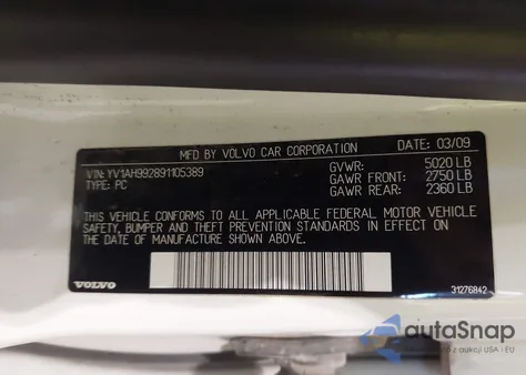 2009 Volvo S80 T6 z USA, uszkodzony, nr VIN YV1AH992891105389